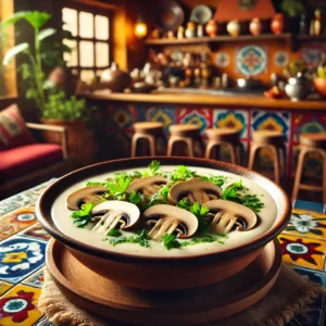 Romige champignonvelouté, geserveerd in een rustieke Mexicaanse keuken met kleurrijke tegels en houten accenten. De soep is gegarneerd met dunne plakjes champignons en verse kruiden, wat een warme en uitnodigende sfeer creëert in het levendige, traditionele decor.