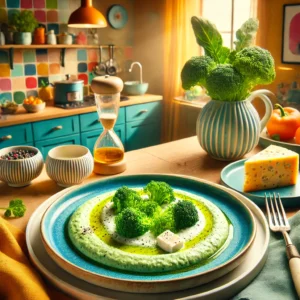 Romige Gorgonzola broccolipuree geserveerd op een kleurrijk bord in een moderne, vrolijke keuken. De puree is glad, gegarneerd met broccoli, een vleugje zwarte peper en room. In de achtergrond staan verse ingrediënten zoals een stukje Gorgonzola en een vaasje met broccoli. De sfeer is licht en uitnodigend.