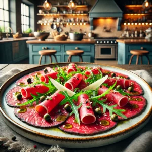 Runderfilet carpaccio met Parmezaan, rucola en kappertjes, geserveerd op een elegant bord.