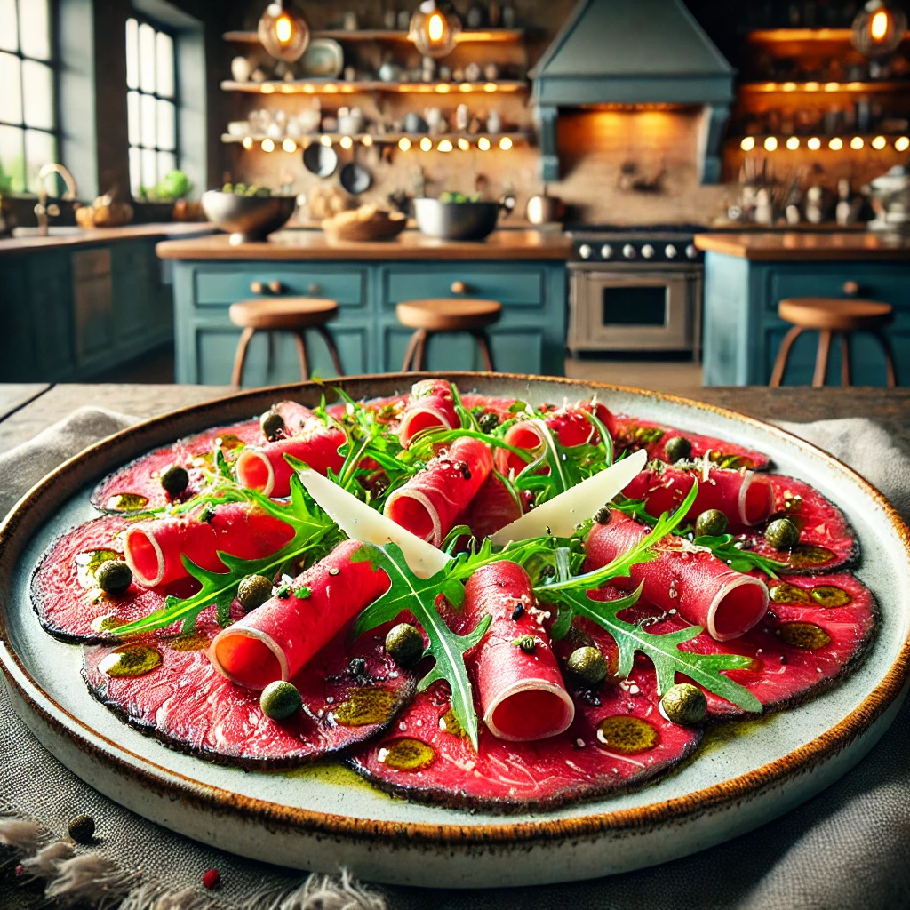 Runderfilet carpaccio met Parmezaan, rucola en kappertjes, geserveerd op een elegant bord.