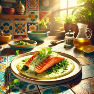 Perfect gebakken Schotse zalmfilet met een romige kervel-sabayon saus, geserveerd op een wit bord. De achtergrond toont een kleurrijke Mexicaanse keuken met heldere tegels en natuurlijk licht, wat een warme en uitnodigende sfeer creëert.