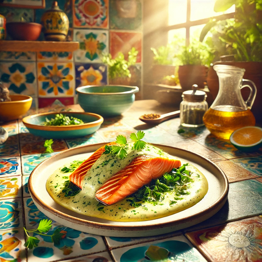 Perfect gebakken Schotse zalmfilet met een romige kervel-sabayon saus, geserveerd op een wit bord. De achtergrond toont een kleurrijke Mexicaanse keuken met heldere tegels en natuurlijk licht, wat een warme en uitnodigende sfeer creëert.