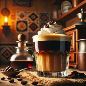 Carajillo Spaanse koffiecocktail met sterke koffie, brandy en slagroom, geserveerd in een gezellig glas.