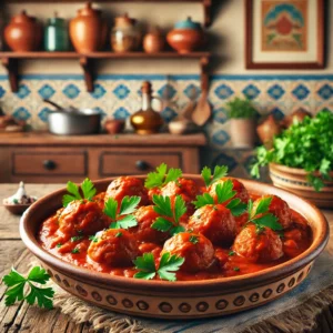 Een rustiek Spaans gerecht met gehaktballetjes in een rijke tomatensaus, geserveerd in een aardewerken schaal op een houten tafel, met een vintage mediterrane keuken op de achtergrond, voorzien van pastelgekleurde tegels en verse kruiden.