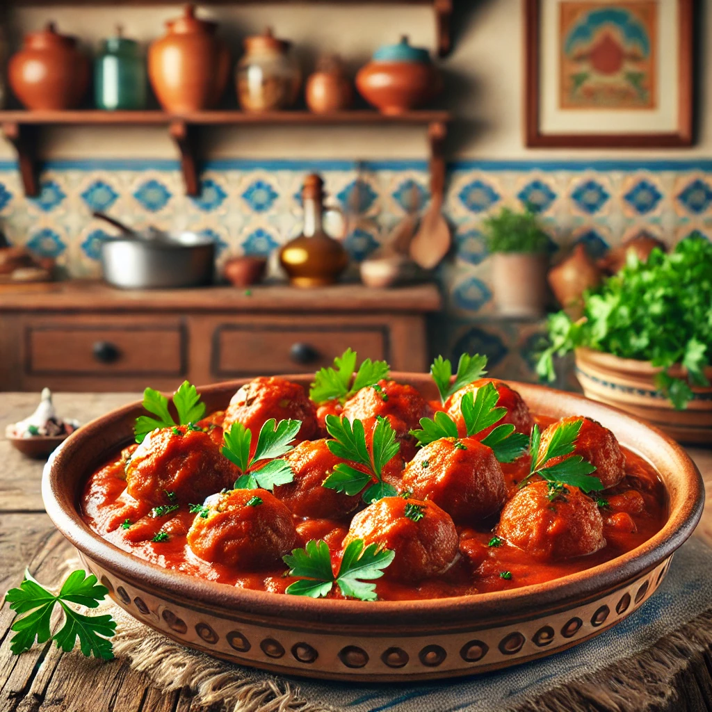 Een rustiek Spaans gerecht met gehaktballetjes in een rijke tomatensaus, geserveerd in een aardewerken schaal op een houten tafel, met een vintage mediterrane keuken op de achtergrond, voorzien van pastelgekleurde tegels en verse kruiden.