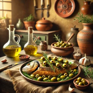 Toscaanse karper met groene olijven, geroosterd met kruiden in een mediterrane keuken.