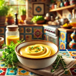 Een rijke, romige bƩarnaisesaus, gepresenteerd in een klein kommetje in een Mexicaanse keuken met kleurrijke tegels en natuurlijk licht. Verse kruiden zoals dragon liggen naast de saus, wat de frisse en volle smaak van de saus benadrukt.