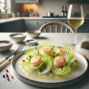 Verfijnde carpaccio van sint-jakobsschelpen, dun gesneden en geserveerd op een bedje van fijn witloof, besprenkeld met citroensap, olijfolie, roze peperbolletjes en grof zeezout, op een elegant wit bord in een minimalistische keuken met zachte verlichting.
