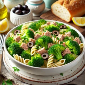 Een verse broccoli-tonijnsalade gepresenteerd in een witte keramische kom. De salade bevat heldergroene broccoliroosjes, malse pasta, stukjes tonijn en gesneden zwarte olijven, licht besprenkeld met een romige citroen-peterseliedressing. De schaal staat op een rustieke houten tafel in een gezellige keuken met pastelkleuren en zachte natuurlijke verlichting. Naast de salade ligt een focacciabrood en een schijfje citroen ter garnering.
