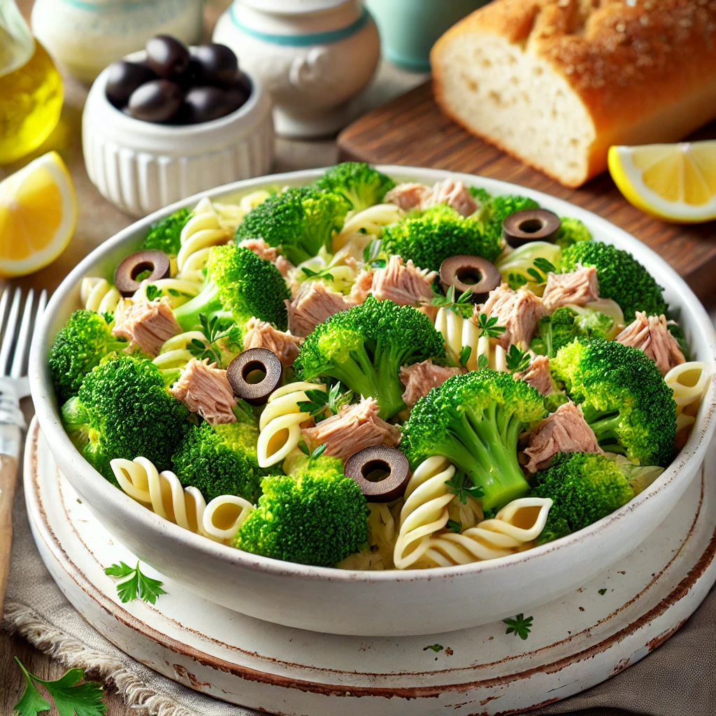 Een verse broccoli-tonijnsalade gepresenteerd in een witte keramische kom. De salade bevat heldergroene broccoliroosjes, malse pasta, stukjes tonijn en gesneden zwarte olijven, licht besprenkeld met een romige citroen-peterseliedressing. De schaal staat op een rustieke houten tafel in een gezellige keuken met pastelkleuren en zachte natuurlijke verlichting. Naast de salade ligt een focacciabrood en een schijfje citroen ter garnering.