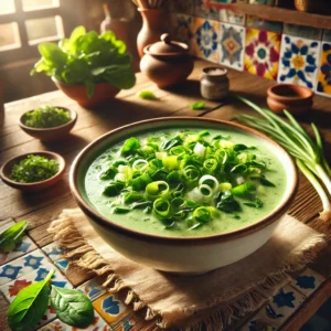 Een lichte, romige waterkerssoep, geserveerd in een rustieke keramische kom, gegarneerd met fijngesneden lente-uitjes en dragonbladeren. De achtergrond toont een Mexicaanse keuken met kleurrijke tegels en helder natuurlijk licht, wat een warme en uitnodigende sfeer creƫert. Laat me weten of er nog iets aangepast moet worden