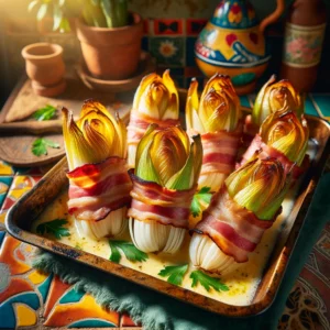 Witlof omwikkeld met knapperige bacon, goudbruin gebakken, gepresenteerd in een rustieke bakplaat met gesmolten boter en verse peterselie. De achtergrond toont een Mexicaanse keuken met kleurrijke tegels en helder natuurlijk licht, wat een warme en uitnodigende sfeer creëert.