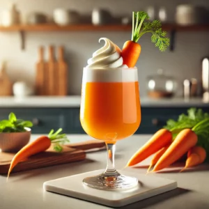 Wortelroomcocktail in een elegant glas, met een fel oranje kleur en een swirl van room bovenop, gegarneerd met een klein wortelstokje en een takje munt, in een moderne keuken met subtiele verlichting en verse ingrediënten.
