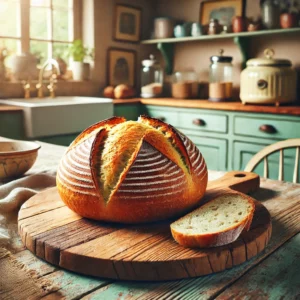Een versgebakken, zelfgemaakt brood met een goudbruine korst, geplaatst op een rustieke houten plank. Het brood is rond en ambachtelijk van uiterlijk, met enkele sneetjes die de luchtige en goed gebakken binnenkant tonen. Gepresenteerd in een gezellige vintage keuken met pastelkleuren en retro-accenten, verlicht door zacht natuurlijk licht dat een warme sfeer creëert.