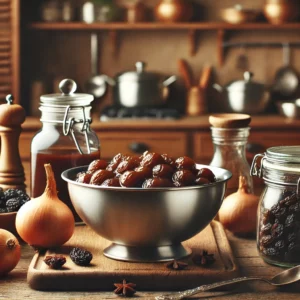 Een gezellige, moderne vintage keuken met een schaal gevuld met zilveruitjes-rozijnensaus, omringd door verse ingrediƫnten zoals zilveruitjes en rozijnen op een houten aanrecht. De keuken heeft warme houten accenten en een zachte verlichting voor een uitnodigende sfeer.