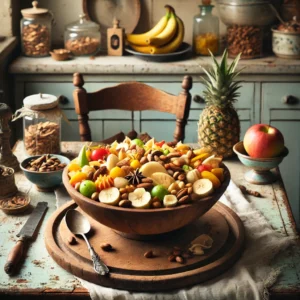 Een rustieke schotel gevuld met zoete bonen, ananas en noten, geserveerd in een aardewerken schaal op een houten tafel. Op de achtergrond een lichte vintage mediterrane keuken met pastelgekleurde tegels en verse kruiden.