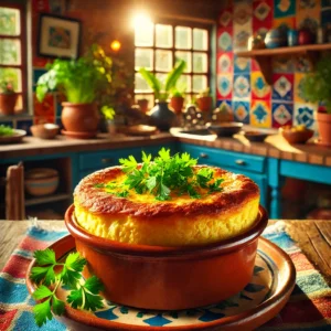 Een goudbruine, luchtige aardappelsoufflƩ, mooi gerezen en gegarneerd met verse peterselie, geserveerd in een rustieke keramische schaal. De achtergrond toont een Mexicaanse keuken met kleurrijke tegels en helder natuurlijk licht, wat een warme en uitnodigende sfeer creƫert.