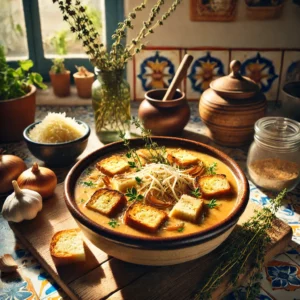 Een rustieke knoflooksoep uit de Périgord, rijk en romig, geserveerd in een kom met geroosterd witbrood en optionele geraspte Gruyère. De achtergrond toont een Mexicaanse keuken met kleurrijke tegels en helder natuurlijk licht, wat een warme en uitnodigende sfeer creëert.