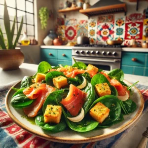 Deze frisse spinaziesalade met gerookte zalm en knapperige knoflookcroutons is licht, smaakvol, en perfect als lunch of bijgerecht.