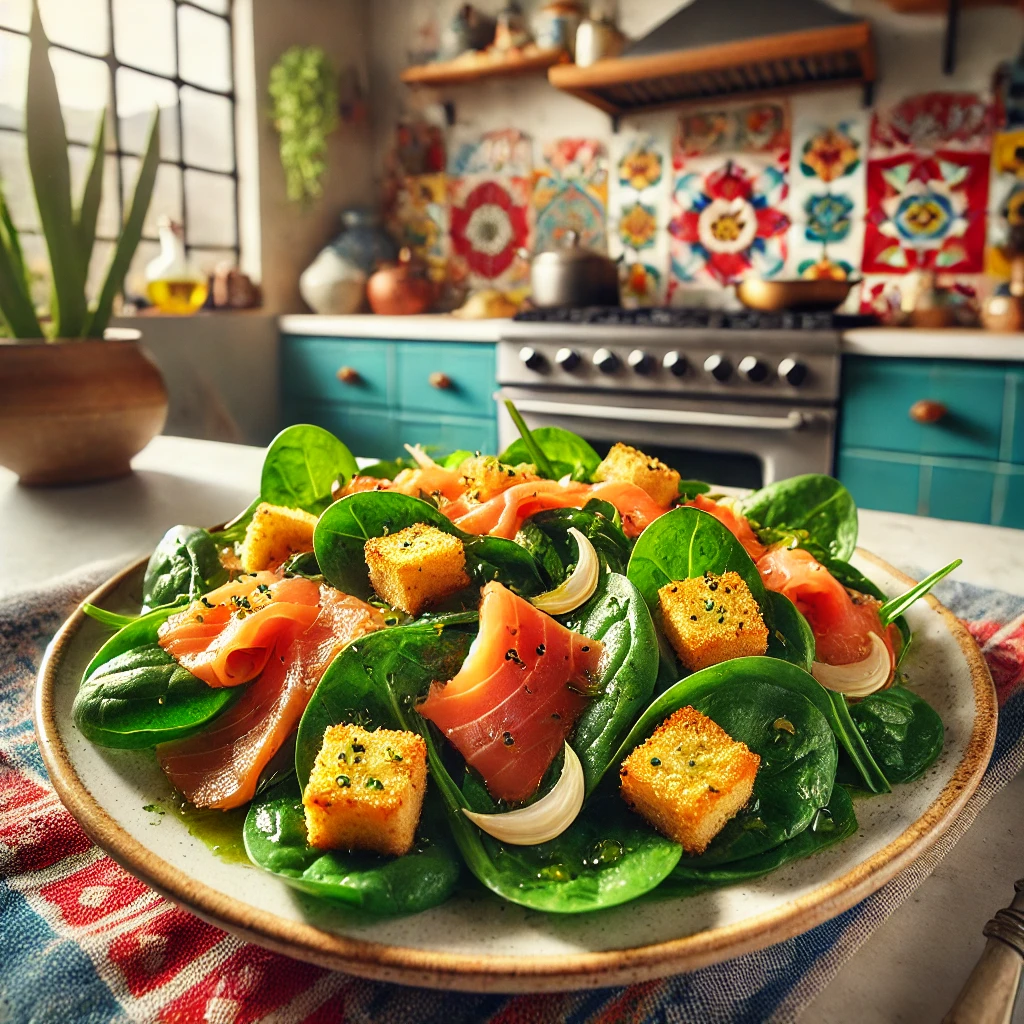 Deze frisse spinaziesalade met gerookte zalm en knapperige knoflookcroutons is licht, smaakvol, en perfect als lunch of bijgerecht.