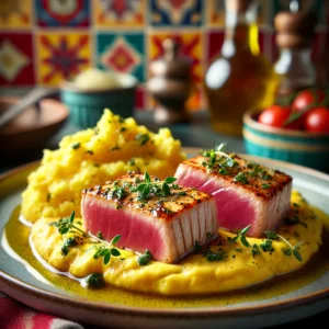Gebakken Tonijn met Dragon-Kaassaus en Saffraan Aardappelpuree