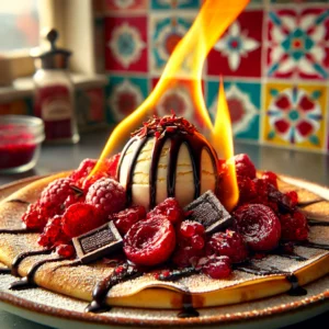 Geflambeerde Chocoladeflensjes met Rood Fruit en Vanilleroomijs