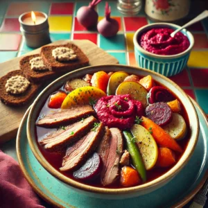 Gevulde Eendenbouillon met Rode Bieten Room en Rillettes op Roggebrood