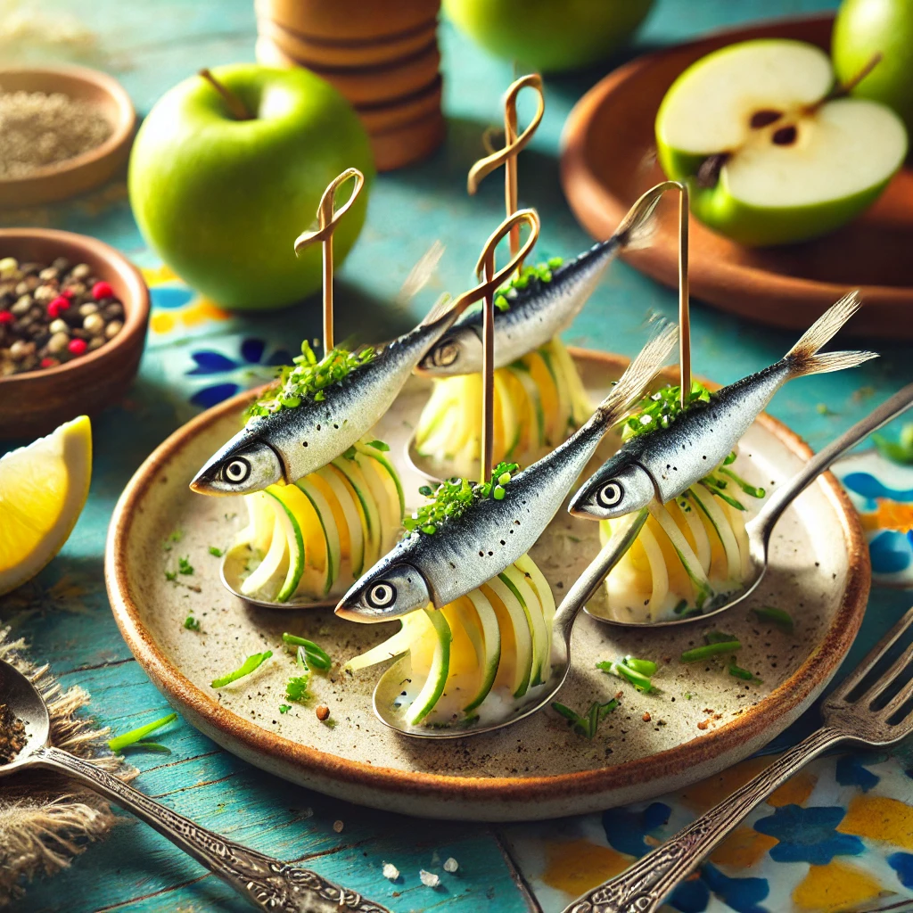 Haring-Amuse met Frisse Appelreepjes en Bieslook