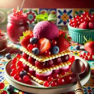 Rood Fruit Dessert met Cassis Sorbet en Geleide Crackers