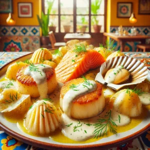 Visbordje met Zalm, Kabeljauw en Sint-Jakobsschelpen in Noilly Prat-roomsaus