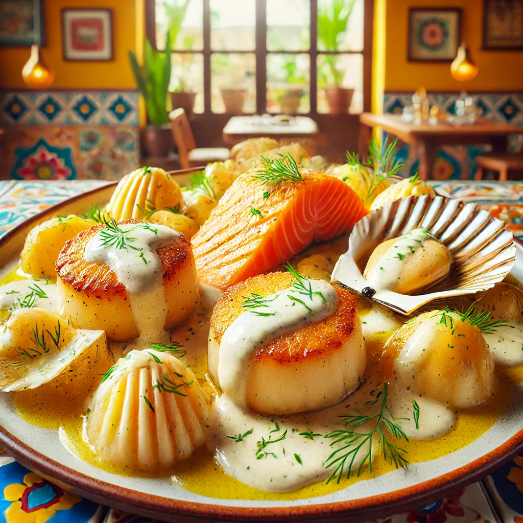 Visbordje met Zalm, Kabeljauw en Sint-Jakobsschelpen in Noilly Prat-roomsaus