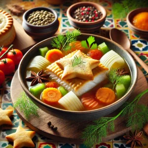 Vissoep met Bladerdeeg Kerststerretjes en Verse Dille