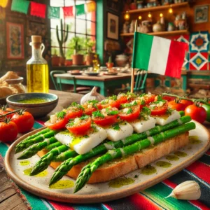 Bruschetta La Bandiera Italiana met Groene Asperges en Witte Vis