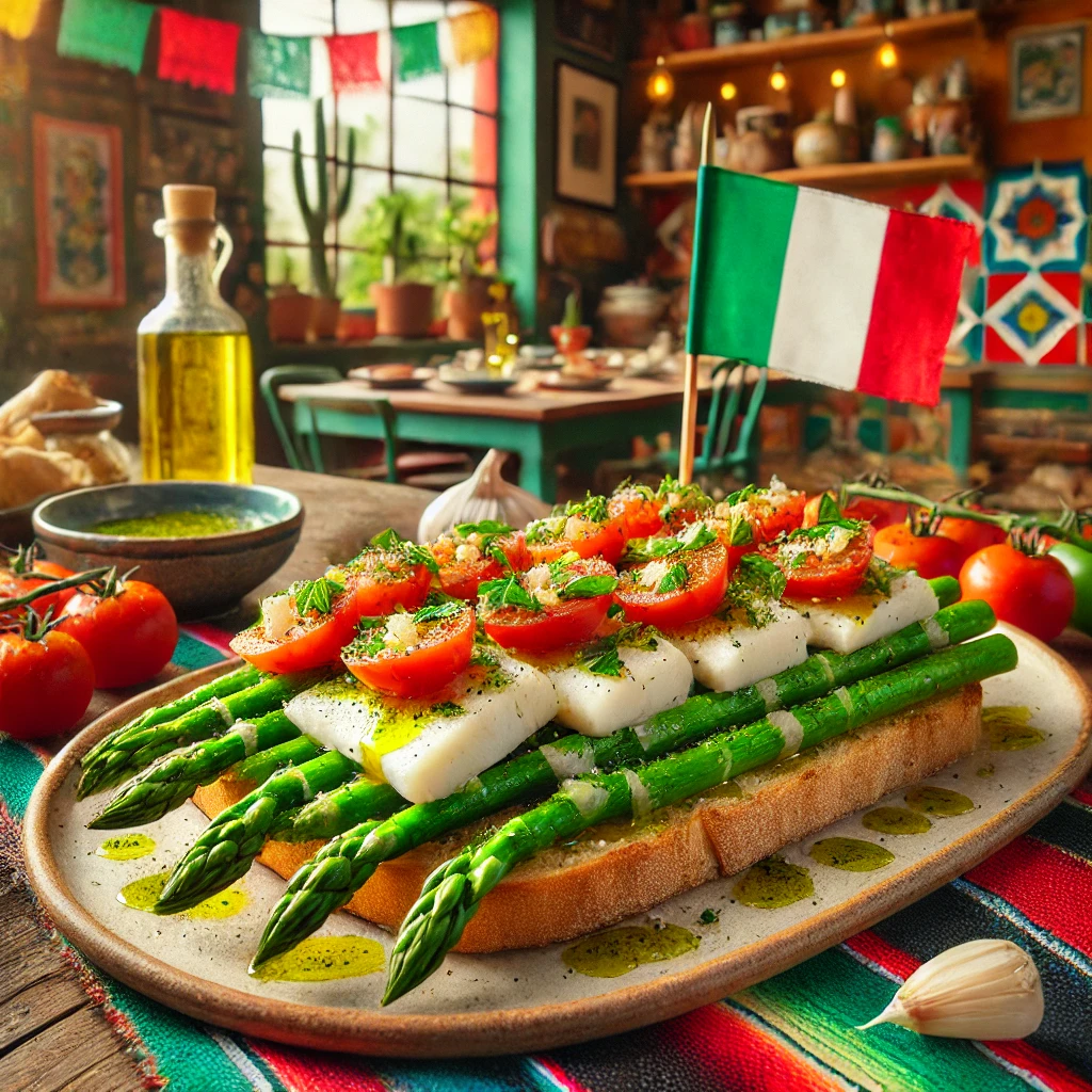 Bruschetta La Bandiera Italiana met Groene Asperges en Witte Vis
