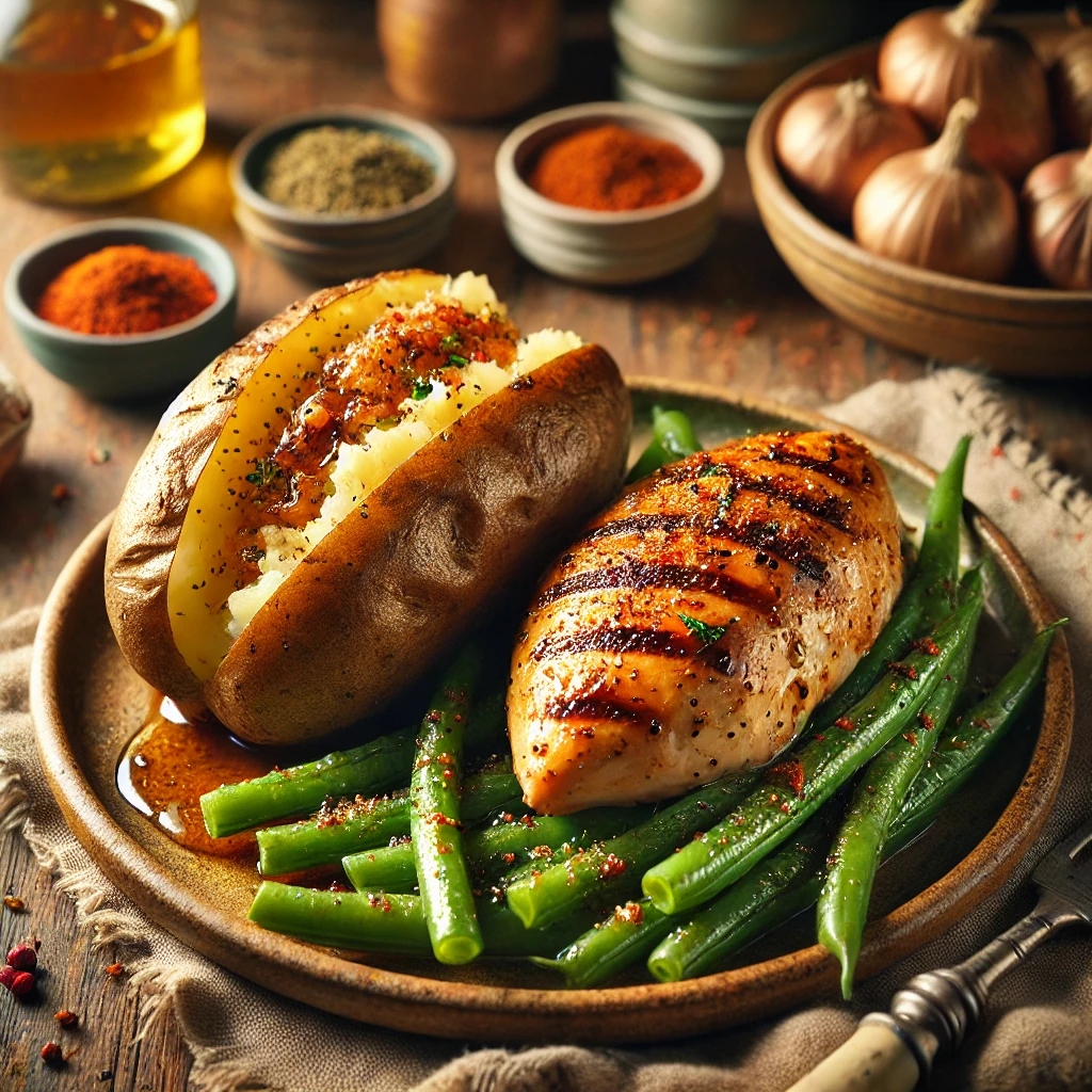 Gepofte Aardappelen met Gemarineerde Kipfilet en Boontjes