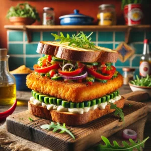 Krokante Visburger met Piccalilly-Mayo en Zuurdesembrood