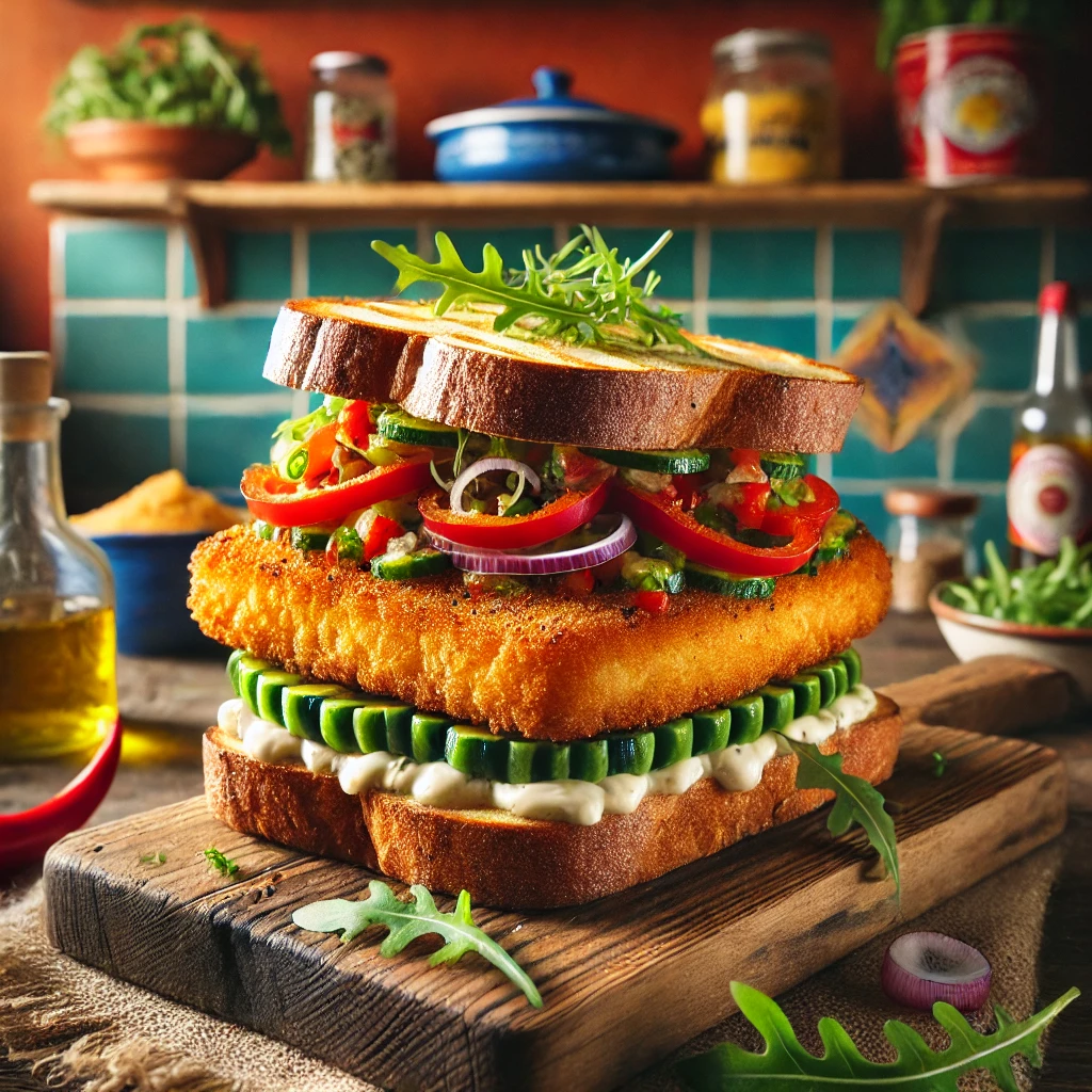 Krokante Visburger met Piccalilly-Mayo en Zuurdesembrood