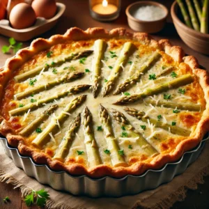 Witte aspergequiche met kaas en peterselie uit de airfryer op een rustieke houten tafel.