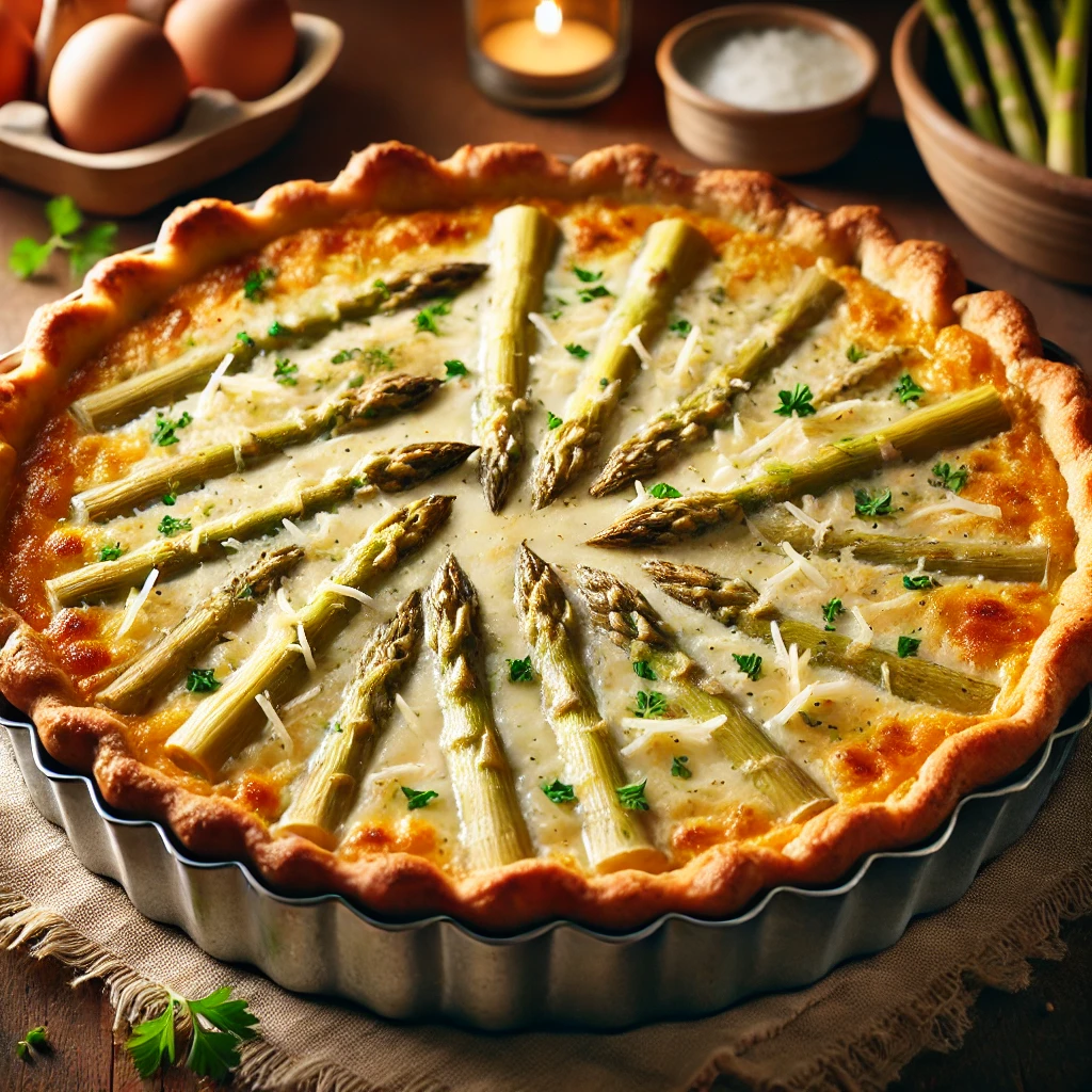 Witte aspergequiche met kaas en peterselie uit de airfryer op een rustieke houten tafel.