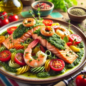Zalm in Pesto met Tomaatjes en Gekleurde Pasta
