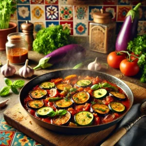 Aubergine-Courgette Pannetje met Tomatensaus