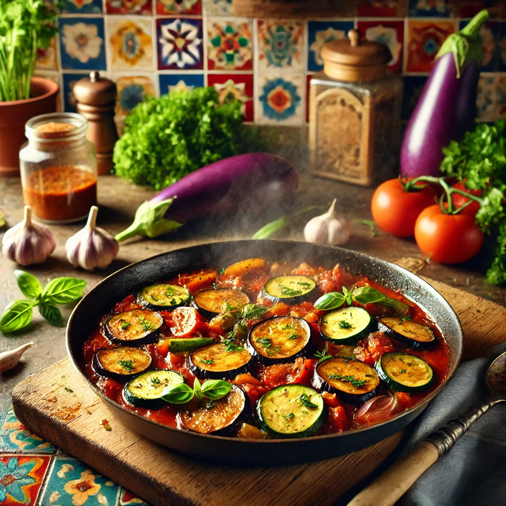 Aubergine-Courgette Pannetje met Tomatensaus