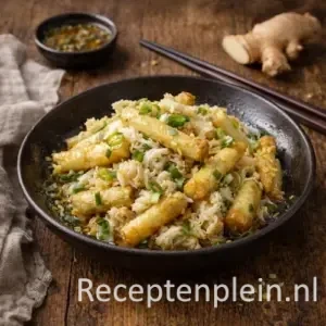 Gefrituurde asperges met krab en sesamolie op rustieke houten tafel