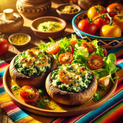 Gegratineerde champignons met spinazie en schimmelkaas