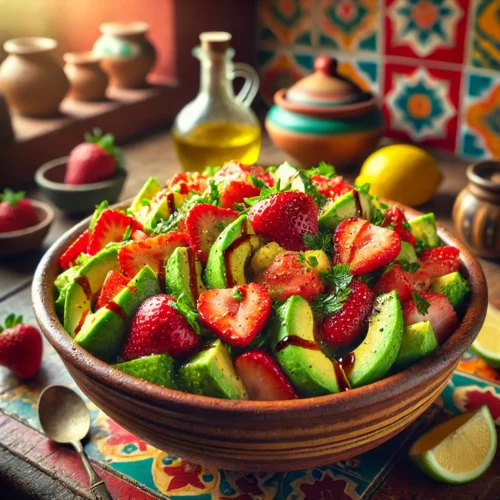 Frisse salade van avocado en aardbeien, geserveerd op een gekleurd bord, besprenkeld met citroensap en balsamico voor een zomerse afsluiting