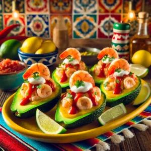 Gehalveerde avocado’s gevuld met garnalen in een romige saus van mayonaise en chilisaus, geserveerd met citroenpartjes op een wit bord