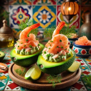 Gevulde avocadohelften met een frisse salade van grijze garnalen, gerookte zalm en avocado, gegarneerd met dille en citroen