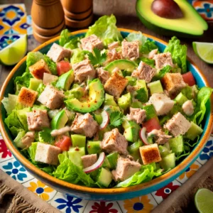 Frisse avocadosalade met tonijn, bleekselderij en pittige dressing op een bedje van eikebladsla, geserveerd op een gekleurd bord met partjes limoen