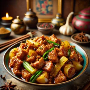 Kruidige babi padang met stukjes varkensvlees in een dikke saus van Indonesische kruiden, geserveerd in een gekleurde schaal met prei