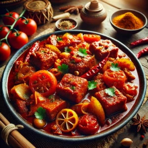 Kruidige Babi Tomat met blokjes varkensvlees en tomaat in een geurige saus van Indonesische specerijen, geserveerd op een gekleurd bord met rijst
